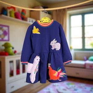 Mini Boden Blue Dress Baby Chick, Rabbit, Lama Long sleeve Girls Size 3 -4 Year